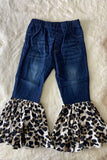 206037M Dark blue denim w/leopard flare bell bottoms girls jeans