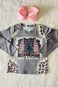 DLH2596 Kids "merry christmas" tree print long sleeve girls t-shirt