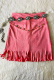 DLH2734 Pink faux suede rhinestone fringe girls skirts wholesale for 10/12Y