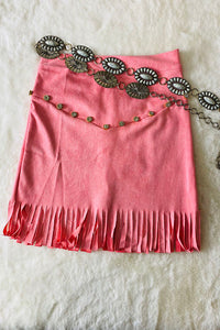 DLH2734 Pink faux suede rhinestone fringe girls skirts wholesale for 10/12Y