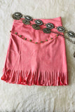 DLH2734 Pink faux suede rhinestone fringe girls skirts wholesale for 10/12Y