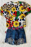 DLH0824-12 Wholesale sunflower & checkered prints long sleeve girls t-shirt