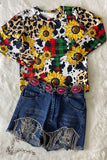 DLH0824-12 Wholesale sunflower & checkered prints long sleeve girls t-shirt