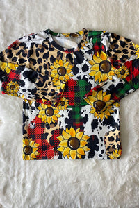 DLH0824-12 Wholesale sunflower & checkered prints long sleeve girls t-shirt