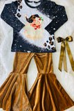 DLH2714 Kids Santa & Leopard print top velvet bottom girls outfit sets