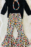 XCH0024-1H Wholesale black ruffle top colorful leopard pant girls clothing sets