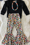 XCH0024-1H Wholesale black ruffle top colorful leopard pant girls clothing sets