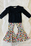 XCH0024-1H Wholesale black ruffle top colorful leopard pant girls clothing sets