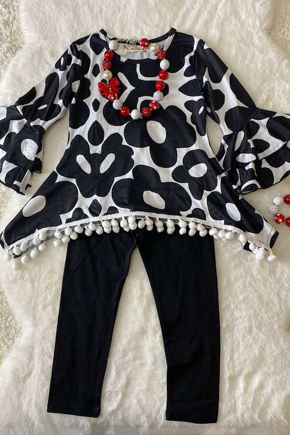 XCH0024-9H High low floral prints top black legging girls clothing sets w/white pompms