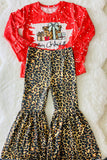 Merry Christmas y'all coral leopard printed girl set DLH0923-18