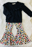 XCH0024-1H Wholesale black ruffle top colorful leopard pant girls clothing sets