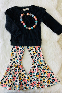 XCH0024-1H Wholesale black ruffle top colorful leopard pant girls clothing sets