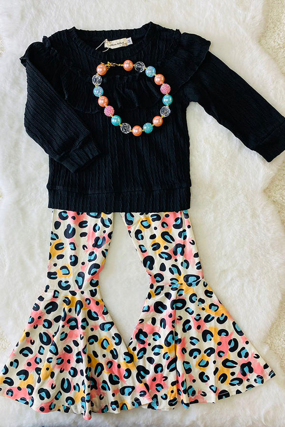 XCH0024-1H Wholesale black ruffle top colorful leopard pant girls clothing sets