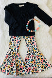 XCH0024-1H Wholesale black ruffle top colorful leopard pant girls clothing sets