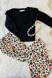 XCH0024-1H Wholesale black ruffle top colorful leopard pant girls clothing sets