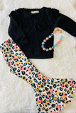 XCH0024-1H Wholesale black ruffle top colorful leopard pant girls clothing sets