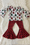 XCH0333-27H Kids Leopard & Plaid Christmas tree print top bottom girls outfit sets