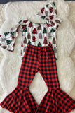 XCH0333-27H Kids Leopard & Plaid Christmas tree print top bottom girls outfit sets