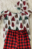 XCH0333-27H Kids Leopard & Plaid Christmas tree print top bottom girls outfit sets