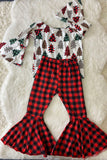 XCH0333-27H Kids Leopard & Plaid Christmas tree print top bottom girls outfit sets