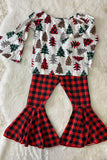 XCH0333-27H Kids Leopard & Plaid Christmas tree print top bottom girls outfit sets