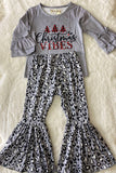 XCH0010-22H Kids “Christmas VIBES ” tree print top bottom girls sets