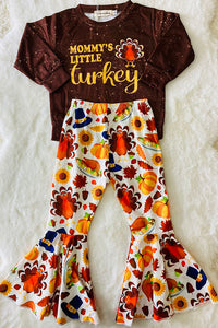 XCH0015-2H MOMMY'S LITTLE turkey brown top bell bottom kids outfit sets wholesale