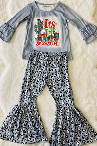 XCH0010-20H Kids "It is the season" gift & cactus print top bell bottom girls sets