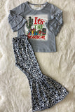 XCH0010-20H Kids "It is the season" gift & cactus print top bell bottom girls sets