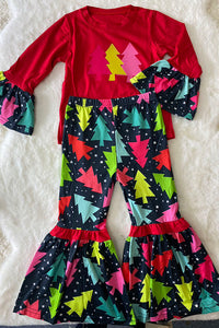 DLH0824-2 Christmas trees prints red top bell bottom girls clothing sets wholesale