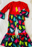 DLH0824-2 Christmas trees prints red top bell bottom girls clothing sets wholesale