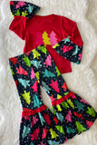 DLH0824-2 Christmas trees prints red top bell bottom girls clothing sets wholesale