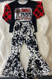 XCH0018-8H "SMALL TOWN Christmas" plaid sleeve top bell bottom pant girls sets