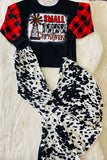 XCH0018-8H "SMALL TOWN Christmas" plaid sleeve top bell bottom pant girls sets