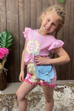 DLH2768(A3S7 )Sunflower embroidery pink top checkered shorts 2pc girls sets