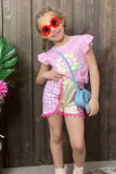 DLH2768(A3S7 )Sunflower embroidery pink top checkered shorts 2pc girls sets