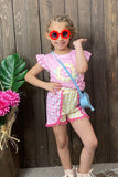 DLH2768(A3S7 )Sunflower embroidery pink top checkered shorts 2pc girls sets