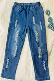 DLH2468 Whlesale Solid denim blue girls pant with holes