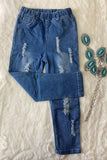 DLH2468 Whlesale Solid denim blue girls pant with holes