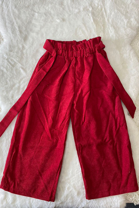 DLH2708 Wide leg corduroy red pants with pocket and belt