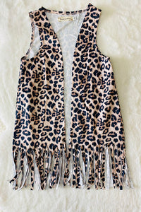 XCH0001-1H Cheetah sleeveless long style open vest/cardigan with tassels