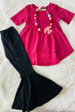 XCH0024-14H Wholesale fall clothing Pink high-low top black flare pant girls outfit sets