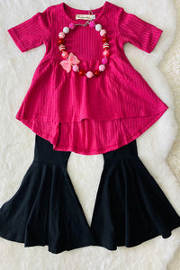 XCH0024-14H Wholesale fall clothing Pink high-low top black flare pant girls outfit sets