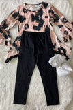 XCH0024-11H Leopard top with pompoms black legging girls clothing sets