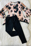 XCH0024-11H Leopard top with pompoms black legging girls clothing sets