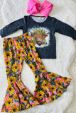 XCH0015-25H Fall bull prints grey top sunflower & leopard girls sets wholesale