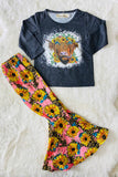 XCH0015-25H Fall bull prints grey top sunflower & leopard girls sets wholesale