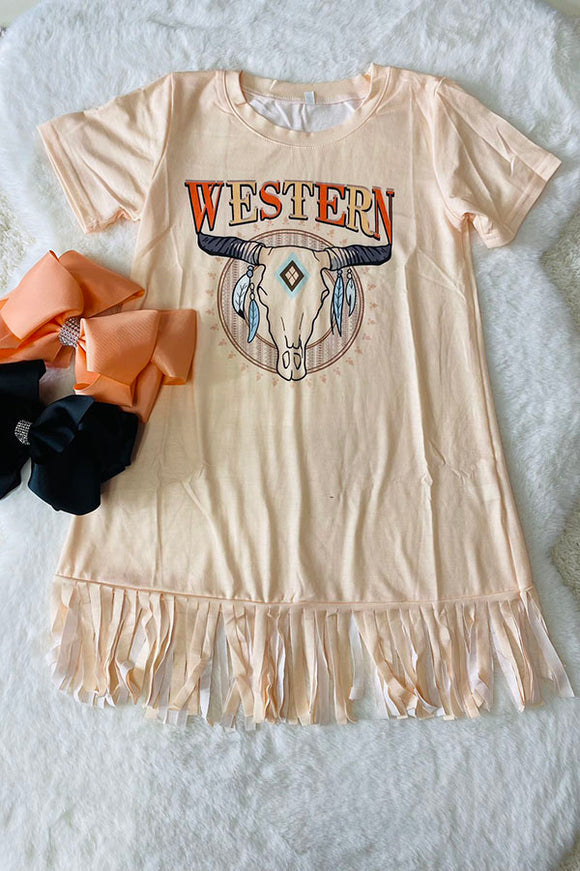 DLH2710 Fall clothing WESTERN bull skull prints beige girls dress w/fringe