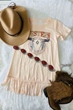 DLH2710 Fall clothing WESTERN bull skull prints beige girls dress w/fringe