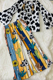 LC0020 Cow print top w/stripped sunflowers, boots, & cactus 2pc set